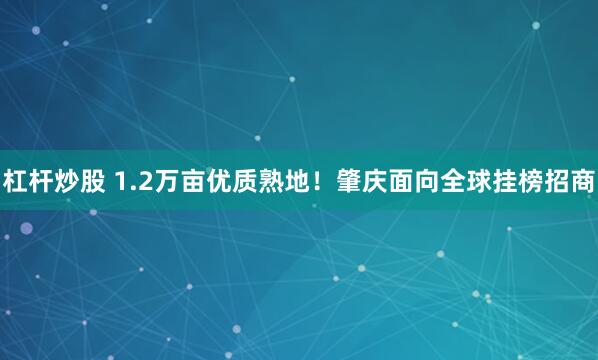 杠杆炒股 1.2万亩优质熟地！肇庆面向全球挂榜招商